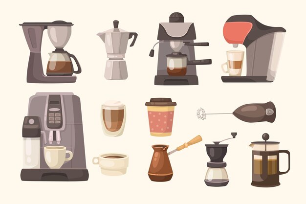 Ensemble d'illustrations vectorielles de différentes cafetières. Collection de machines à café ou à expresso avec filtres, tasses et mugs, moka pot, cezve turc sur fond blanc. Concept d'équipement, d'appareils électroménagers