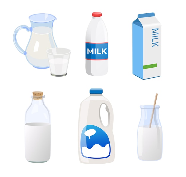 Vecteur gratuit ensemble d'illustrations vectorielles de lait dans différents conteneurs. lait de vache frais en carton, bouteille, verre, tasse, différents emballages isolés sur fond blanc. nourriture, concept laitier