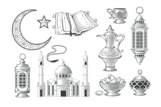 Vecteur gratuit ensemble d'illustrations vectorielles musulmanes, icônes pour la prière et ramadan kareem dans le style de la gravure