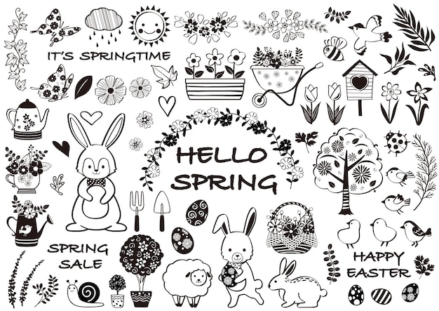 Vecteur gratuit ensemble d'illustrations vectorielles en noir et blanc de printemps et joyeuses pâques