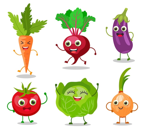 Ensemble d'illustrations vectorielles de personnages de dessins animés de légumes heureux. Légumes mignons avec visages, mains et jambes, oignon, betterave, carotte, chou, tomate isolés sur fond blanc. Alimentation saine, concept de jardin