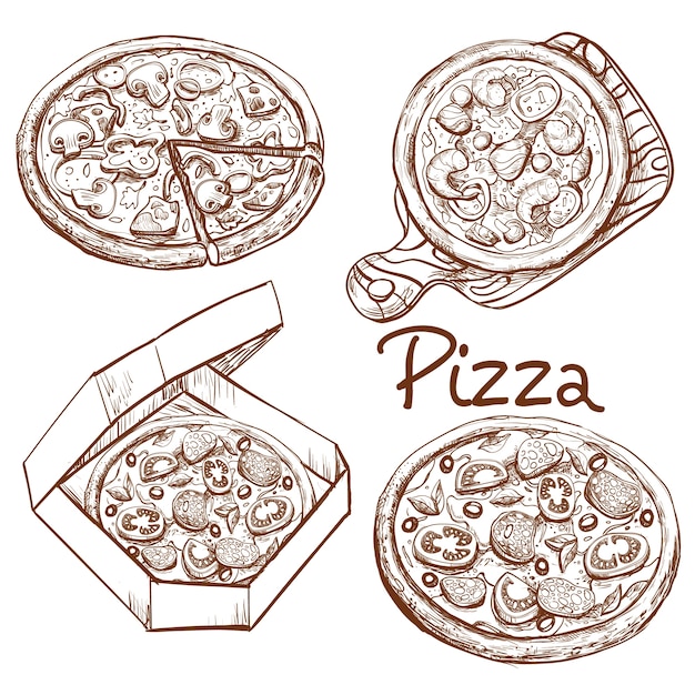 Ensemble d'illustrations vectorielles pizza entière et tranche, pizza sur une planche de bois, pizza dans une boîte pour livraison.