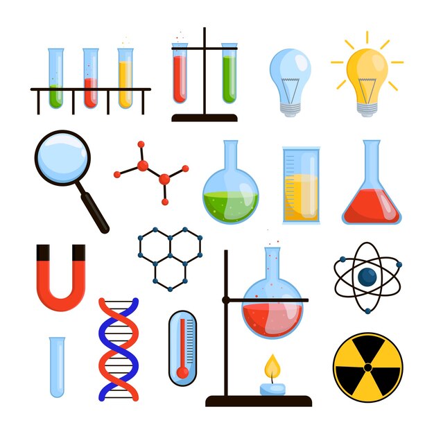 Ensemble d'illustrations vectorielles plates d'équipement de laboratoire scientifique