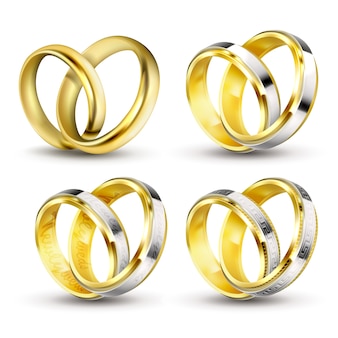 Ensemble d'illustrations vectorielles réalistes d'anneaux de mariage or avec ombre