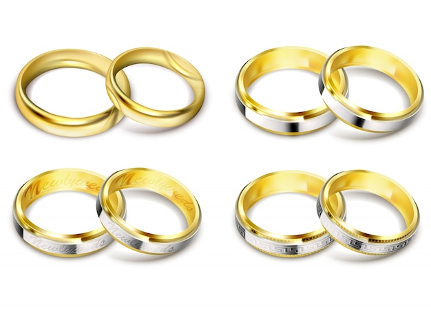 Vecteur gratuit ensemble d'illustrations vectorielles réalistes d'anneaux de mariage or avec ombre