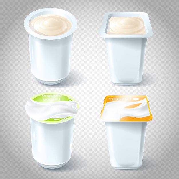 Vecteur gratuit ensemble d'illustrations vectorielles de tasses en yogourt en plastique.