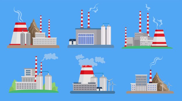 Ensemble d'illustrations vectorielles d'usines de pétrole, de charbon ou d'énergie. Types de bâtiments industriels ou d'usines, centrales électriques isolées sur fond bleu. Industrie, production, électricité, concept d'environnement