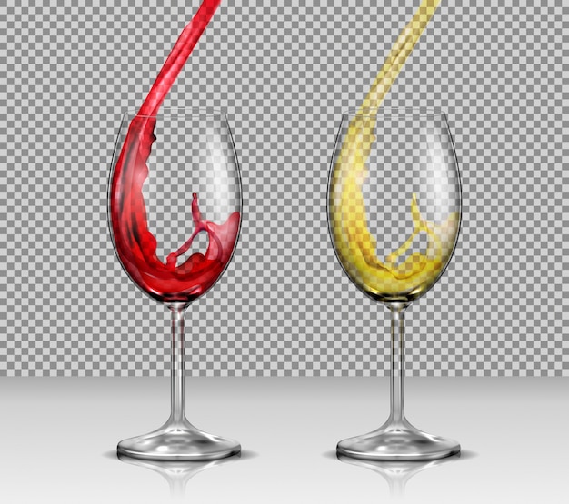 Vecteur gratuit ensemble d'illustrations vectorielles de verres à vin en verre transparent avec du vin blanc et rouge versant dans eux