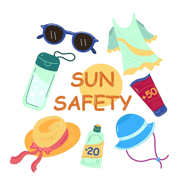 Ensemble D'illustrations Vectorielles De Vêtements Et De Produits Contre Les Coups De Soleil. Sécurité Au Soleil, Collection De Dessins Animés De Chemise, Chapeaux, Crème Solaire Sur Fond Blanc. été, Vacances, Santé, Concept De Protection