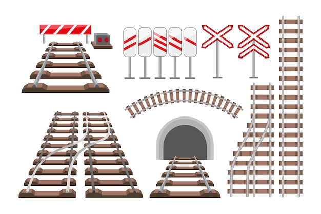 Vecteur gratuit ensemble d'illustrations vectorielles de voies ferrées et de panneaux de chemin de fer. vue de dessus et en perspective des éléments de chemin de fer pour les cartes, route courbe isolée sur fond blanc. transport, concept de transport