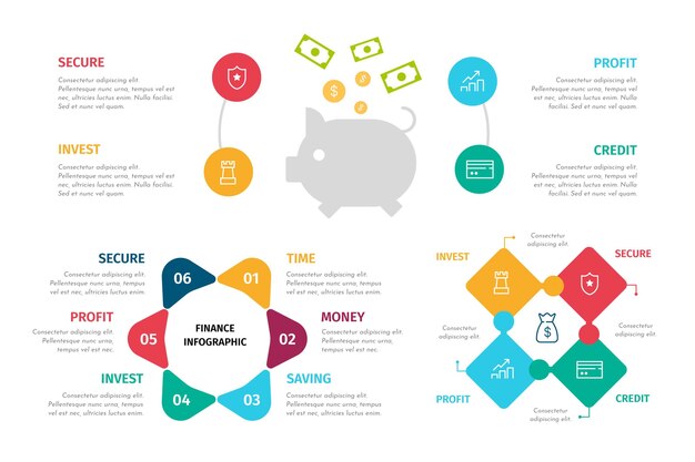Vecteur gratuit ensemble d'infographie de finances colorées