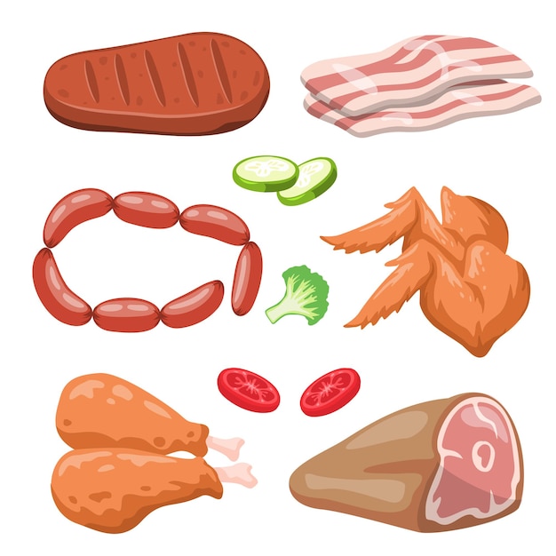 Vecteur gratuit ensemble d'ingrédients d'animaux pour cuisiner des repas avec du jarret de porc saucisse poulet pilon becon et légumes style de dessin isolé sur illustration vectorielle fond blanc