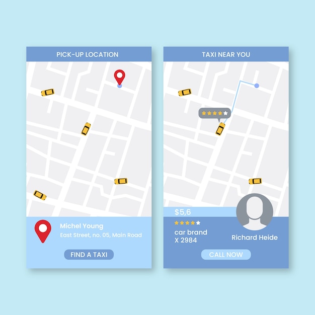 Vecteur gratuit ensemble d'interface d'application de taxi