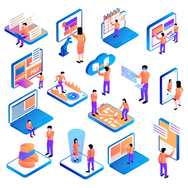 Ensemble d'interfaces de personnes isométriques isolées avec des icônes de matériel informatique et des pictogrammes avec des personnages humains vector illustration