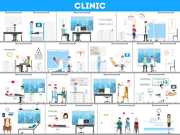 Vecteur gratuit ensemble intérieur d'hôpital toutes sortes de traitements comme laboratoire de chirurgie prénatale et plus