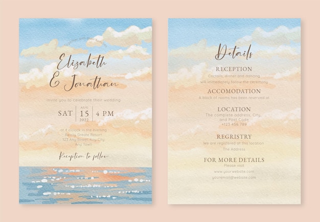 Vecteur gratuit ensemble d'invitation de mariage avec aquarelle coucher de soleil ciel et mer