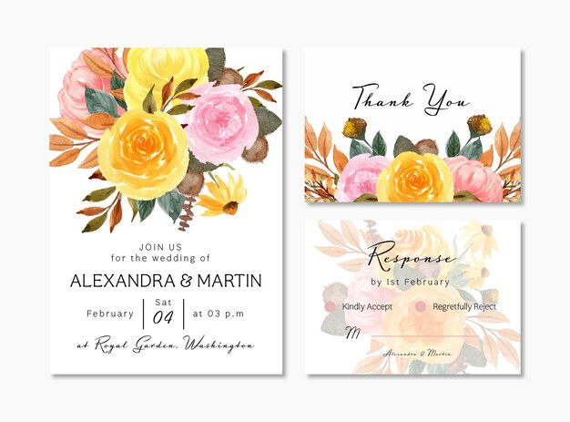 Ensemble D'invitation De Mariage Floral Aquarelle Colorée