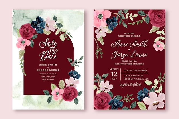 Ensemble D'invitations De Mariage Avec Un Joli Cadre Floral Aquarelle