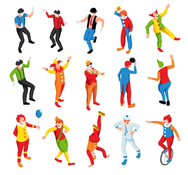 Vecteur gratuit ensemble isométrique d'acteurs mimes de clowns portant des costumes colorés illustration vectorielle isolée