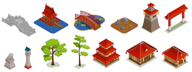 Vecteur gratuit ensemble isométrique d'architecture de bâtiments asiatiques avec des icônes isolées et des images de bâtiments orientaux traditionnels et d'illustration vectorielle de reliefs