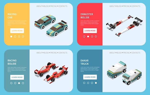 Vecteur gratuit ensemble isométrique de course automobile de quatre bannières horizontales avec des images de voitures avec boutons et illustration vectorielle de texte