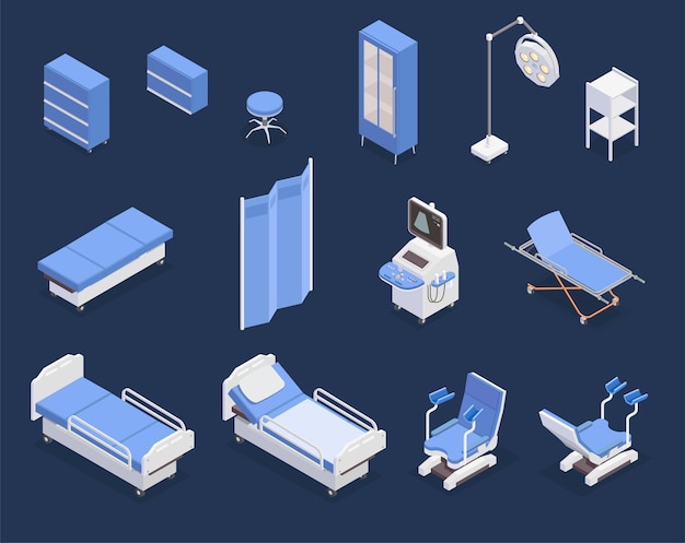 Ensemble isométrique de diverses icônes d'équipement médical avec appareil d'échographie de chaise d'examen gynécologique de lit d'hôpital isolé sur fond bleu illustration vectorielle 3d