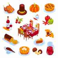 Vecteur gratuit ensemble isométrique du jour de thanksgiving d'éléments de vacances traditionnels et de plats festifs isolés illustration vectorielle