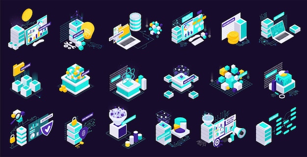 Ensemble Isométrique D'économie De Données De Compositions Isolées Avec Des Icônes De Dossiers Serveurs De Stockage Informatique Et Illustration Vectorielle De Code