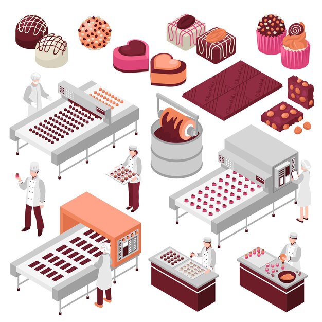 Ensemble isométrique de fabrication de chocolat de lignes d'usine automatisées de production d'aliments sucrés et de personnel faisant des bonbons