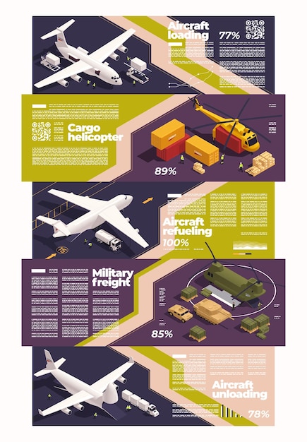 Vecteur gratuit ensemble isométrique de fret aérien avec illustration vectorielle de symboles de logistique et de transport d'avion