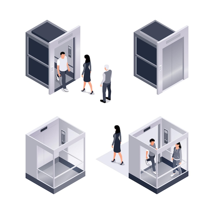 Vecteur gratuit ensemble isométrique d'icônes isolées avec des personnages humains entrant dans des cabines en verre d'ascenseur sur illustration vectorielle fond blanc