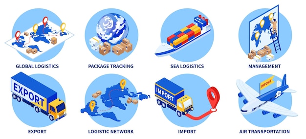 Ensemble Isométrique D'importation D'exportation De Compositions De Cercle Avec Légendes De Texte Gestion Logistique Des Véhicules De Fret Points De Destination Illustration Vectorielle