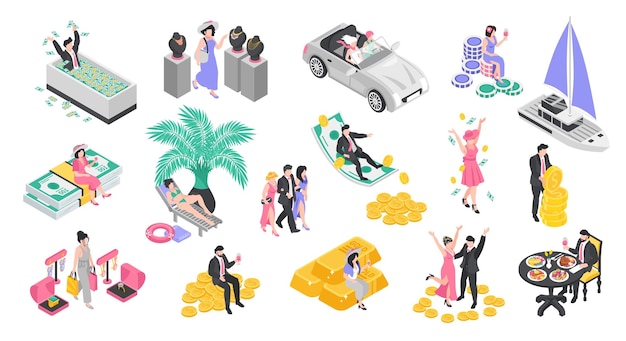 Ensemble Isométrique De Personnes Riches Avec Des Hommes Et Des Femmes Riches Heureux Isolés Illustration Vectorielle