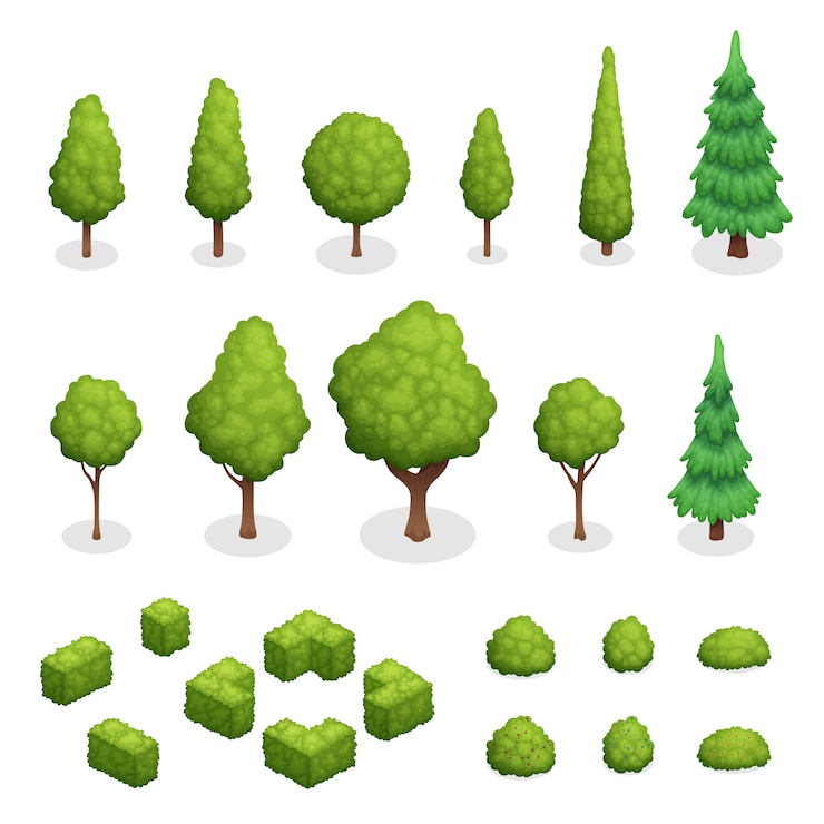 Vecteur gratuit ensemble isométrique de plantes du parc avec des arbres verts et des arbustes de différentes formes isolées illustration vectorielle