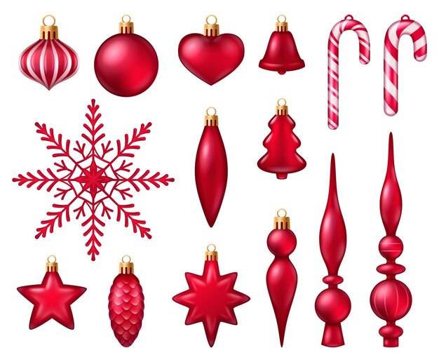 Ensemble de jouets de décoration de sapin de Noël rouge et blanc d'illustration vectorielle isolée réaliste de forme différente