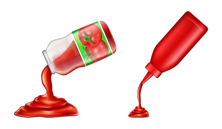 Vecteur gratuit ensemble de ketchup - dans une bouteille en plastique et pot de verre dans un style 3d. condiment de tomates rouges