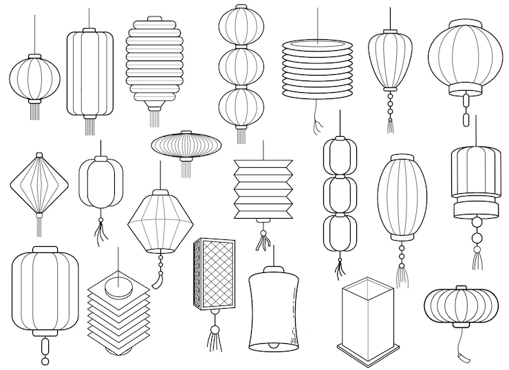 Vecteur gratuit ensemble de lanternes décorations chinoises divers types de lampes chinoises