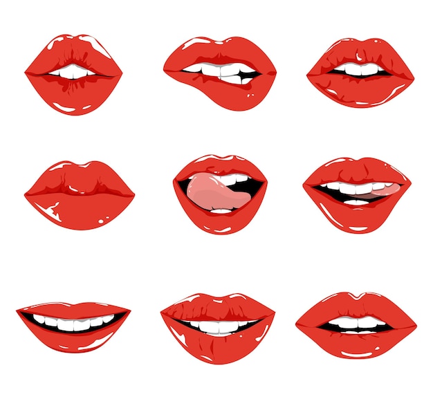 Vecteur gratuit ensemble lèvres rouges lèvres rouges sexy et glamour maquillage et mode