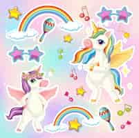 Vecteur gratuit ensemble de licorne ou pégase avec icône de thème de musique sur fond de couleur pastel