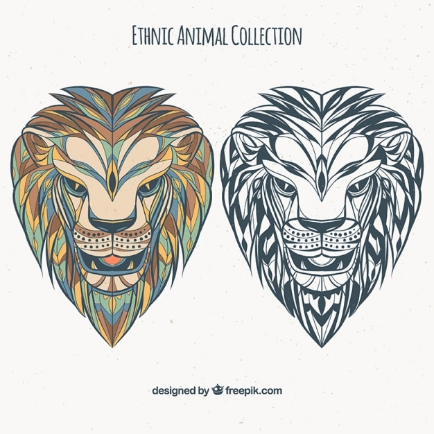 Vecteur gratuit ensemble de lions ethniques en couleur et en noir et blanc