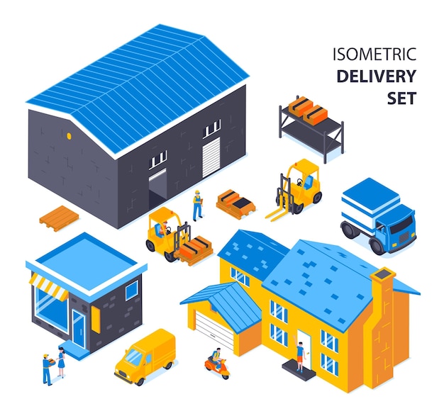 Vecteur gratuit ensemble de livraison isométrique avec vue sur les véhicules d'entrepôt et les bâtiments avec magasins, maisons d'habitation et illustration vectorielle de texte