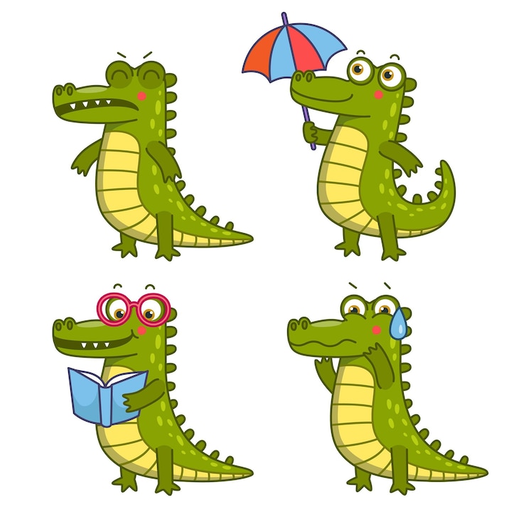Vecteur gratuit ensemble de livre de lecture de personnage de crocodile de dessin animé, tenant un parapluie, s'irritant