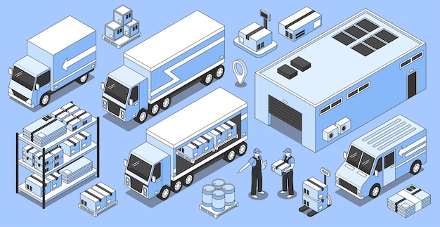 Ensemble logistique isométrique de bâtiment d'entrepôt d'images de camions isolés et de boîtes avec des chargeurs et des personnages de travailleurs illustration vectorielle