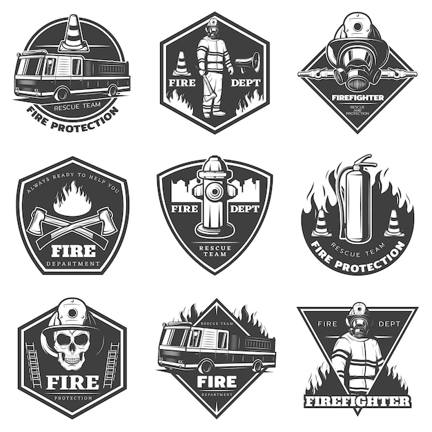 Vecteur gratuit ensemble de logos de lutte contre les incendies professionnels monochromes