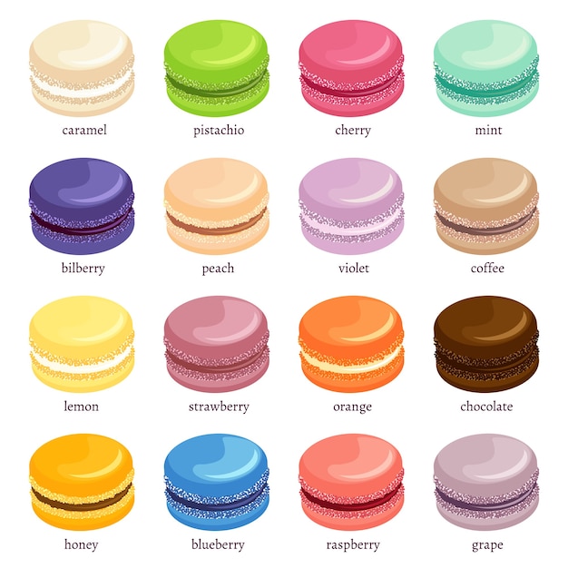 Vecteur gratuit ensemble de macarons, pâtisseries françaises aux saveurs différentes