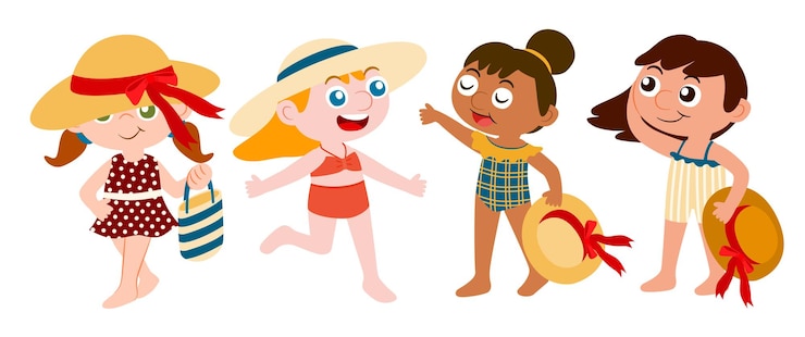 Vecteur gratuit ensemble de maillots de bain à la mode pour filles marchant sur la plage avec dessin vectoriel de personnage sombrero. présentation en action variée avec course, marche, debout. ressource graphique pour graphiste