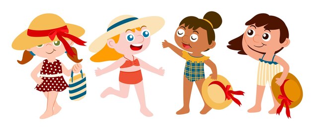 Ensemble de maillots de bain à la mode pour filles marchant sur la plage avec dessin vectoriel de personnage sombrero. Présentation en action variée avec course, marche, debout. Ressource graphique pour graphiste