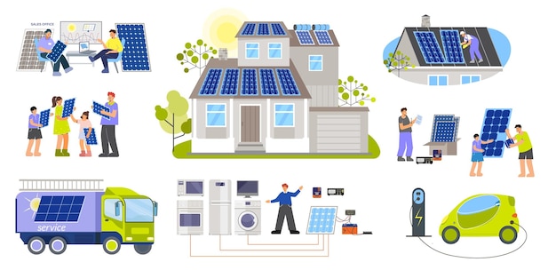 Vecteur gratuit ensemble de maison à énergie solaire