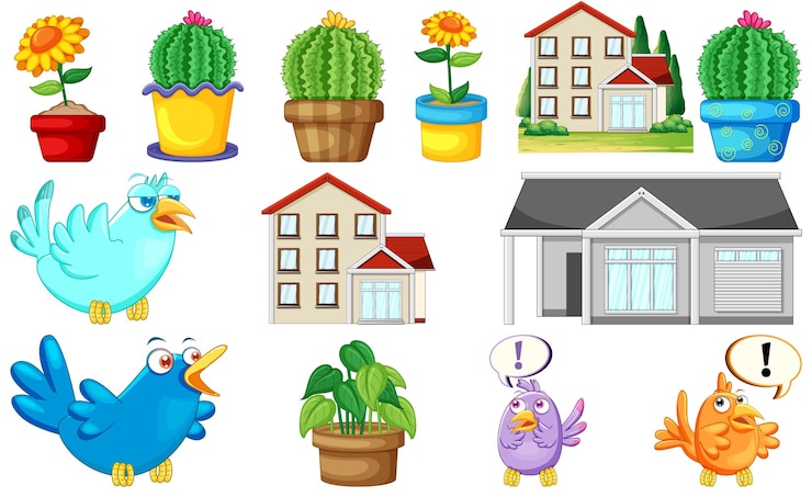 Vecteur gratuit ensemble de maisons et de plantes
