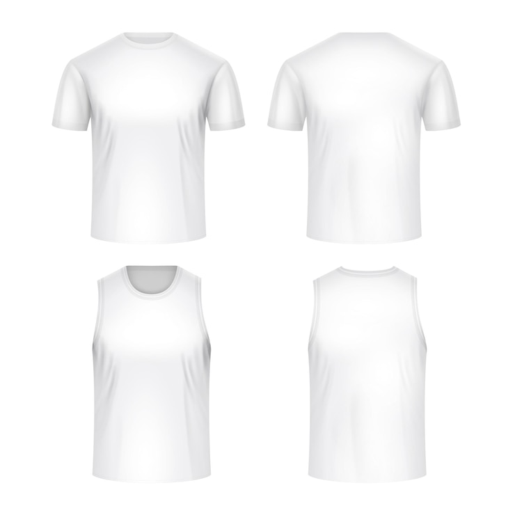 Ensemble de maquette blanche uniforme de sport réaliste de t-shirts à manches courtes et sans manches vue frontale et arrière illustration vectorielle isolée